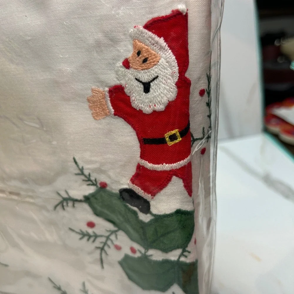 Vintage Christmas Embroidered Santa Tablecloth Set 64x100 Square Cotton